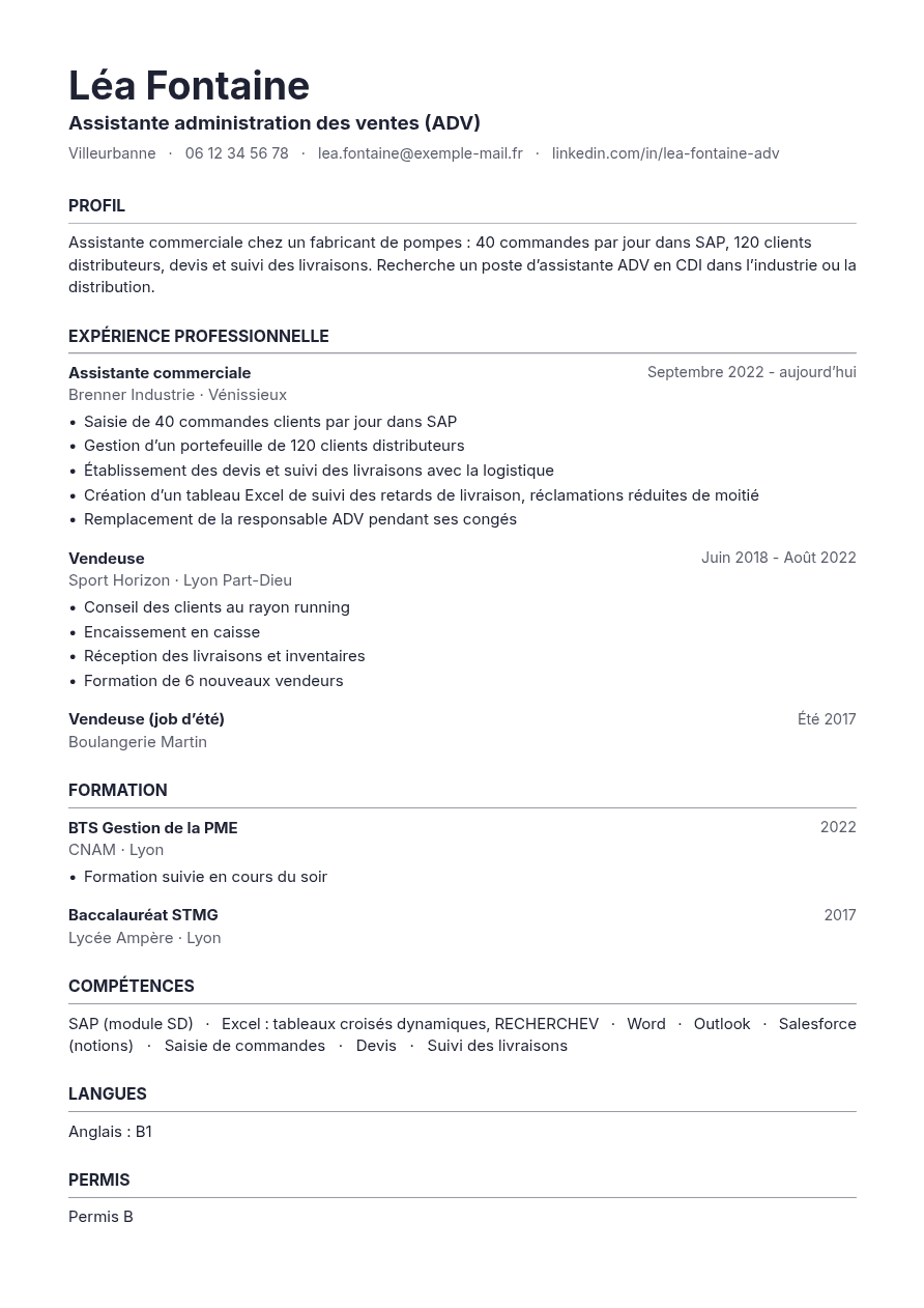 Exemple de CV d’assistante ADV créé avec l’IA, design Classique
