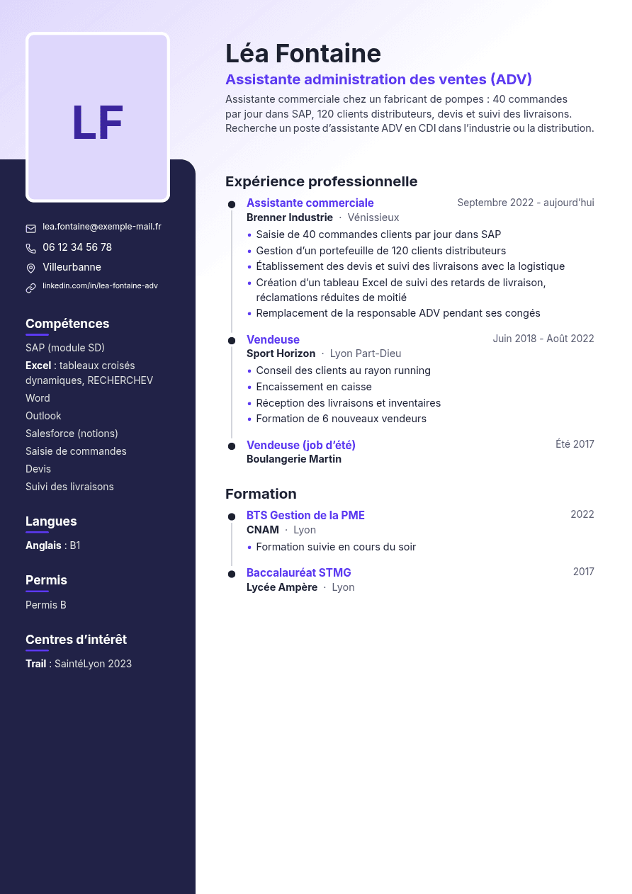Exemple de CV d’assistante ADV créé avec l’IA, design Horizon