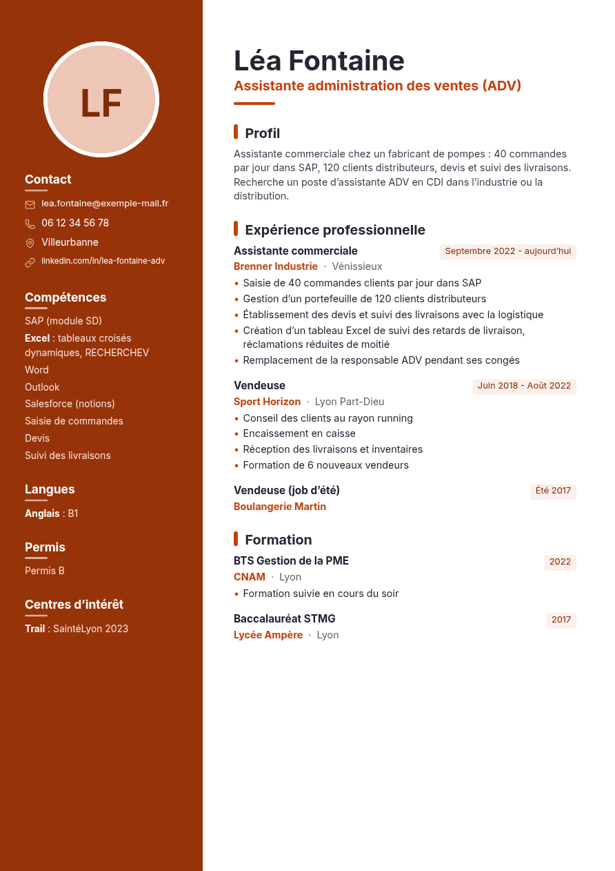 Exemple de CV d’assistante ADV créé avec l’IA, design Prisme
