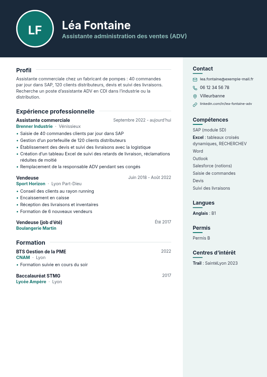 Exemple de CV d’assistante ADV créé avec l’IA, design Signature